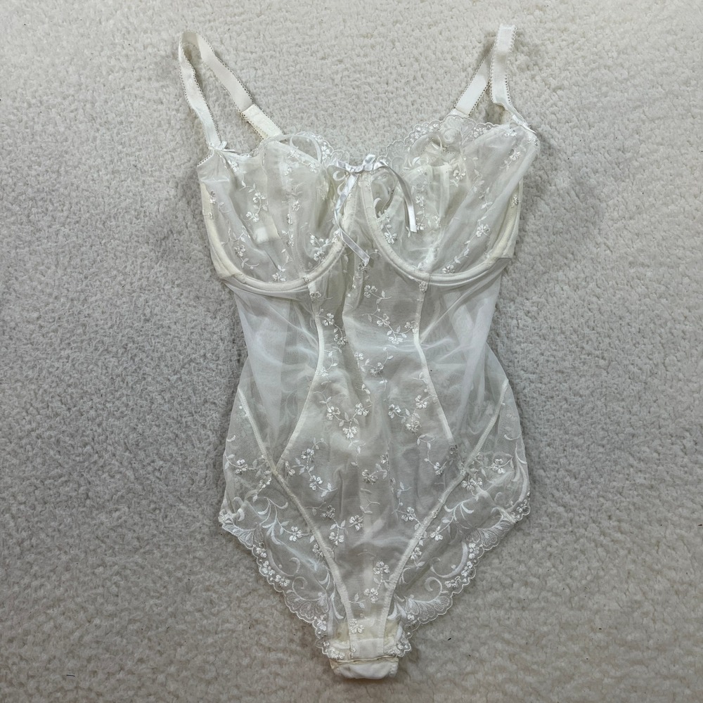 Panache Bodysuit Womens 32FF Ivory Confetti 4075 Floral Lace Mesh Underwire